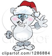 Poster, Art Print Of Cartoon Gray Poodle Dog Wearing A Christmas Santa Hat And Waving