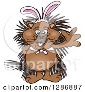 Clipart Of A Cartoon Happy Porcupine Wearing A Christmas Sant Hat And Waving Royalty Free Vector Illustration
