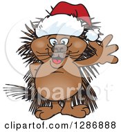Clipart Of A Cartoon Happy Porcupine Wearing A Christmas Sant Hat And Waving Royalty Free Vector Illustration