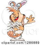 Poster, Art Print Of Cartoon Happy Shrimp Prawn Wearing A Christmas Sant Hat And Waving