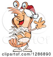 Clipart Of A Cartoon Happy Shrimp Or Prawn Wearing A Christmas Sant Hat And Waving Royalty Free Vector Illustration by Dennis Holmes Designs