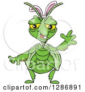 Cartoon Happy Praying Mantis Wearing Easter Bunny Ears And Waving