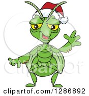 Poster, Art Print Of Cartoon Happy Praying Mantis Wearing A Christmas Santa Hat And Waving