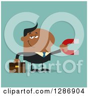 Poster, Art Print Of Modern Flat Design Of A Black Businessman Holding A Magnet Over Turquoise
