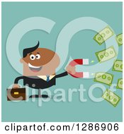 Modern Flat Design Of A Black Businessman Holding A Magnet To Draw In Money Over Turquoise