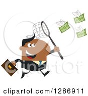 Poster, Art Print Of Modern Flat Design Of A Black Businessman Chasing Flying Cash Money With A Net