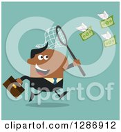 Poster, Art Print Of Modern Flat Design Of A Black Businessman Chasing Flying Cash Money With A Net Over Turquoise