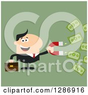 Poster, Art Print Of Modern Flat Design Of A White Businessman Holding A Magnet And Drawing In Money Over Green