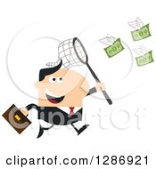 Poster, Art Print Of Modern Flat Design Of A White Businessman Chasing Flying Cash Money With A Net