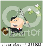 Poster, Art Print Of Modern Flat Design Of A White Businessman Chasing Flying Cash Money With A Net Over Green