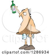 Poster, Art Print Of Happy Caveman Holding Up A Wine Bottle A Glass In One Hand