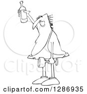 Clipart Of A Black And White Happy Caveman Holding Up A Wine Bottle A Glass In One Hand Royalty Free Vector Illustration