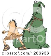 Poster, Art Print Of Frustrated Caveman Pulling In His Stubborn Dinosaurs Leash
