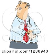 Caucasian Middle Aged Male Doctor Putting On Exam Gloves