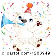 Cute Polar Bear Cub Jumping With A Horn And Party Confetti