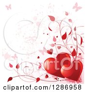 Poster, Art Print Of Valentines Day Background Of Red Shiny Hearts Vines And Pink Grunge With Butterflies