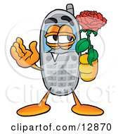 Clipart Picture Of A Wireless Cellular Telephone Mascot Cartoon Character Holding A Red Rose On Valentines Day by Toons4Biz