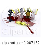 Poster, Art Print Of 3d Men Robots And Tortoise Cartoonists Standing In A Puddle Of Blood And Holding Up Pencils