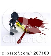 3d Blue Android Robot Cartoonist Standing By A Puddle Of Blood And A Pencil