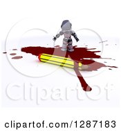 3d Robot Cartoonist Standing In A Puddle Of Blood By A Pencil