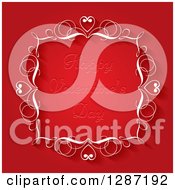 Clipart Of Engraved Happy Valentines Day Text In A White Ornate Swirl Frame On Red Royalty Free Vector Illustration