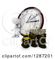 Poster, Art Print Of 3d White Man Checking His Watch And Leaning Against A Clock With Stacks Of Coins