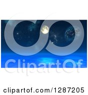 Clipart Of A 3d Fictional Moon And Planets Over A Blue Ocean Royalty Free Illustration