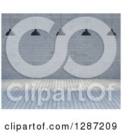 Clipart Of A 3d Industrial Lights Over An Empty Room With Wood Floors And Brick Walls Royalty Free Illustration