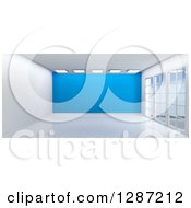 Poster, Art Print Of 3d Empty Room Interior With Floor To Ceiling Windows Lights And A Blue Wall