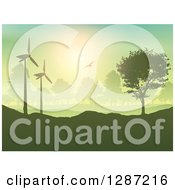 Clipart Of A Bird Flying Over A Hilly Silhouetted Green Landscape Wind Turbines And Trees Royalty Free Vector Illustration