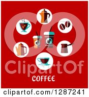 Circle Of Coffee Beans And Items With Text On Red