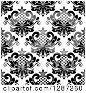 Clipart Of A Seamless Background Design Pattern Of Black And White Vintage Floral Hearts Royalty Free Vector Illustration
