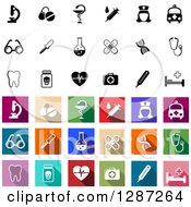 Clipart Of Science And Medicine Icons In Black And White And Colorful Flat Design Tiles Royalty Free Vector Illustration