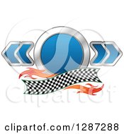 Poster, Art Print Of Blue And Chrome Racing Circle And Arrows With Flames And A Checkered Banner