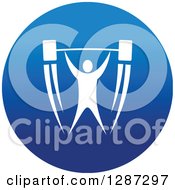 Round Blue Spots Icon Of A White Male Athlete Bodybuilder Lifting A Barbell