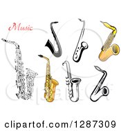 Poster, Art Print Of Black And White Music Note And Brass Saxophones With Text