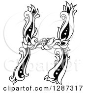 Clipart Of A Black And White Vintage Floral Capital Letter H Royalty Free Vector Illustration