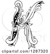 Clipart Of A Black And White Vintage Floral Capital Letter K Royalty Free Vector Illustration