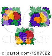 Clipart Of Fruit Logos Of Pears Red Apples Apricots Pomegranates And Grapes On Green Leaves Royalty Free Vector Illustration