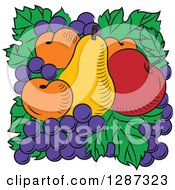 Fruit Logo Of A Pear Red Apple Apricots And Grapes On Green Leaves