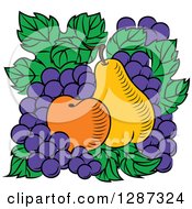 Poster, Art Print Of Fruit Logo Of A Pear Apricot And Grapes On Green Leaves