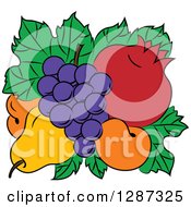 Poster, Art Print Of Fruit Logo Of A Pear Apricots Pomegranate And Grapes On Green Leaves
