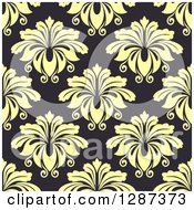 Poster, Art Print Of Seamless Background Design Pattern Of Vintage Yellow Floral Damask On Dark Gray