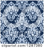 Clipart Of A Seamless Background Design Pattern Of Vintage Purple Floral Damask On Blue Royalty Free Vector Illustration