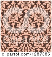 Poster, Art Print Of Seamless Background Design Pattern Of Vintage Salmon Pink Floral Damask On Brown