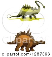 Clipart Of Green And Brown Dinosaurs With City Skyscrapers On Their Backs Royalty Free Vector Illustration