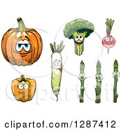 Clipart Of Pumpkin Broccoli Radish Or Beet Asparagus Daikon Radish And Bell Pepper Characters Royalty Free Vector Illustration