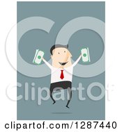 Poster, Art Print Of Flat Modern Design Styled White Businessman Jumping With Cash Money Over Blue