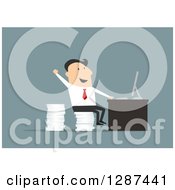 Flat Modern Design Styled White Businessman Cheering And Sitting On A Stack Of Paperwork At A Desk Over Blue