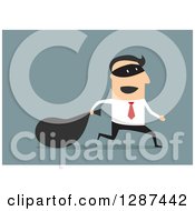 Poster, Art Print Of Flat Modern Design Styled White Businessman Robber Running With A Sack Over Blue